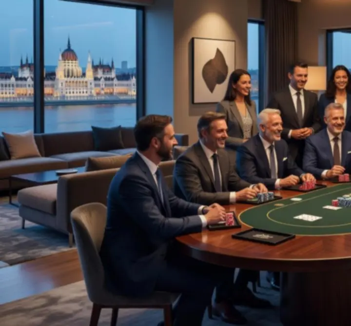Céges csapatépítő esemény elegáns pókerasztal mellett Budapesten