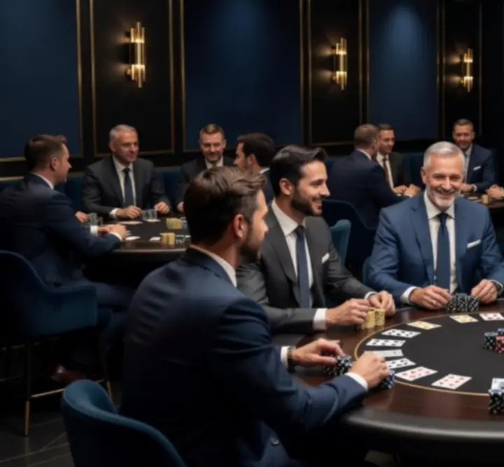 Elegáns vállalati póker est Budapest szívében, kollégák egy prémium pókerasztal körül.