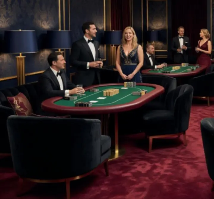 Stílusos lounge enteriőr, ahol vendégek társasági póker esten vesznek részt Budapesten.